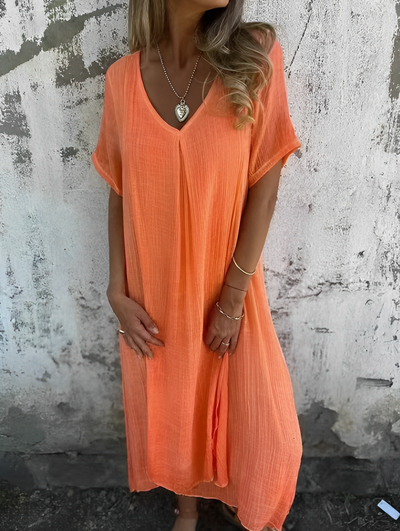 VESTIDO ALGODÓN Y LINO CON ESCOTE EN V
