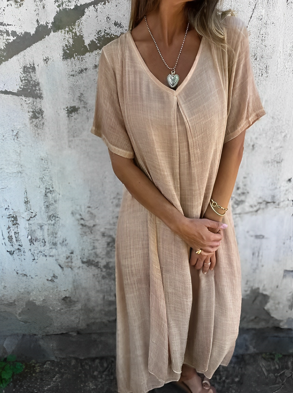 VESTIDO ALGODÓN Y LINO CON ESCOTE EN V