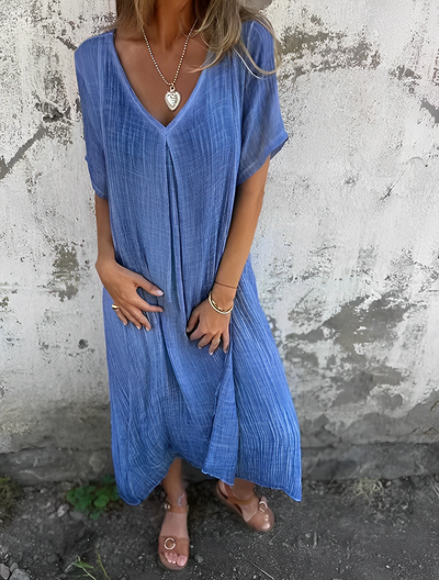 VESTIDO ALGODÓN Y LINO CON ESCOTE EN V